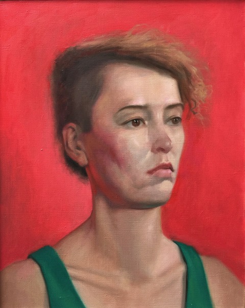 An oil painting of a woman with a short undercut and a neutral expression.